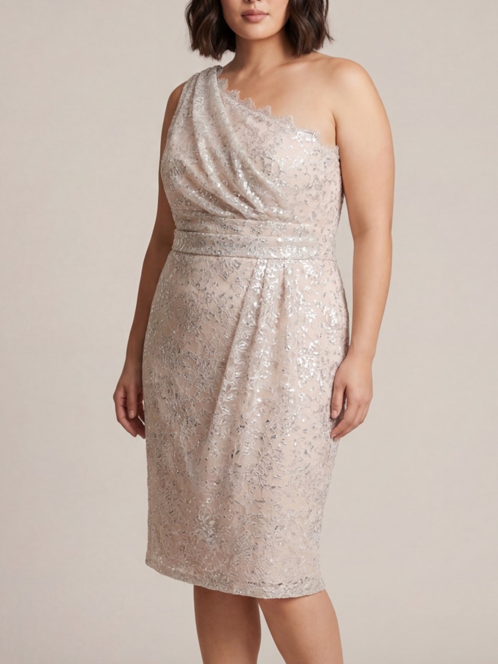 Alvina Valenta formal cocktail dress tan silver Lace one shoulder Graduation